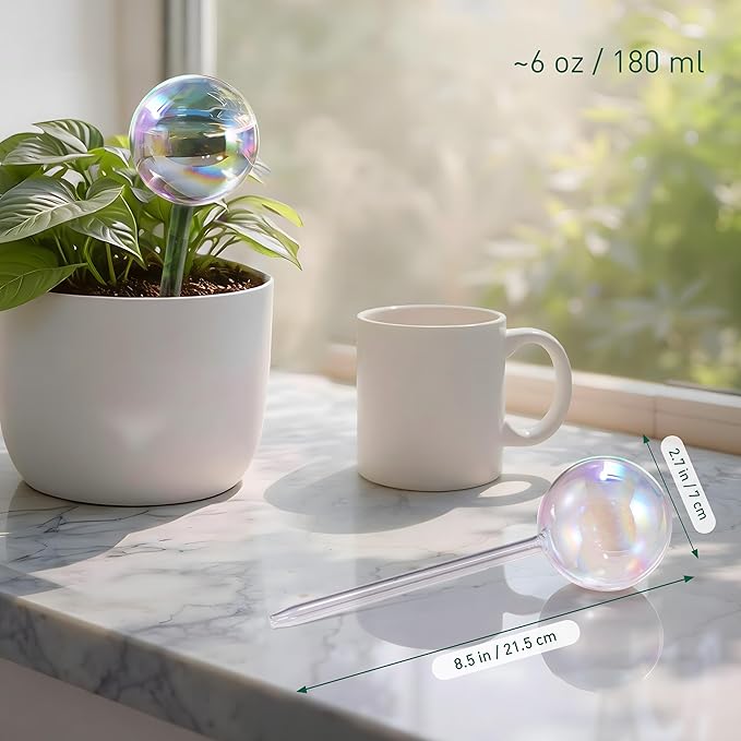 Extra-Thick Clear Glass Plant Watering Globes, Rainbow Gradient Self Watering Globes, Automatic Plant Waterer, Self Watering Planter Insert Spikes Devices for Everyday or Vacation Use, 2-Pack