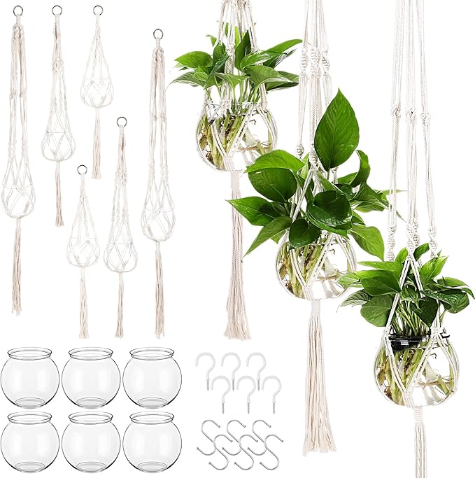 6 Pcs Boho Macrame Plant Hanger with Small Plastic Pot Hanging Plant Holder Wall Planter Propagation Station Include Hooks Kit for Indoor Home Garden Office Decor 3 Size (White)