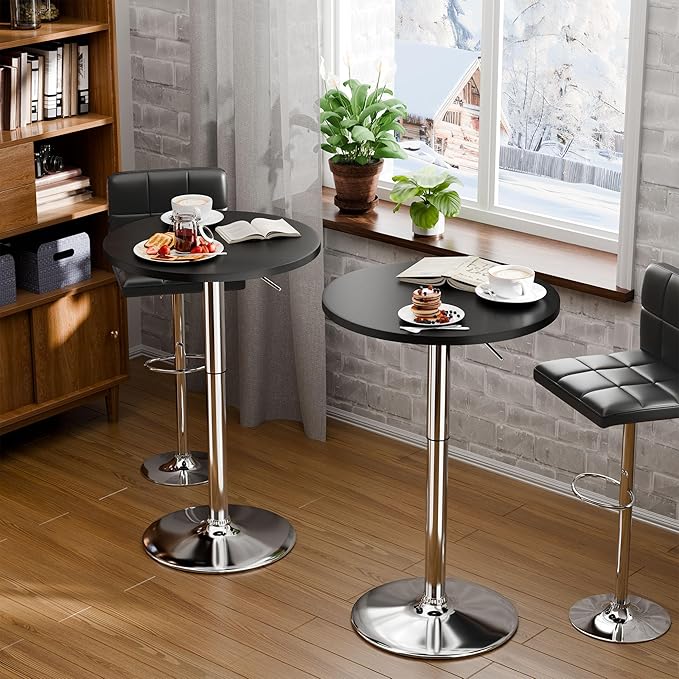 Flamaker Round Bistro Pub Table 23.6 Inch Height Adjustable 360° Swivel Bar Table Metal Base for Pub, Dining Room, Party (1, Black-Silver)