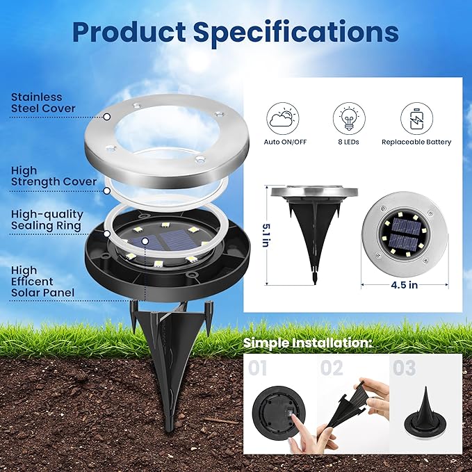 GIGALUMI Solar Ground Lights - No-Drill Fence Lighting Solution, Waterproof Perimeter Lights Compatible with Wood, Metal & Concrete Fences (12 Pack Warm White)