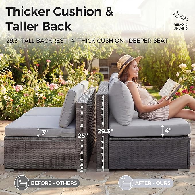 NICESOUL 29.3'' High Back Outdoor Patio Furniture Set with Firepit Natural Gas & Propane, 9 Piece Extra Large Conversation Set with Fire Pit Table, Modern Deep Wide Modular Wicker Sofa Couches, Gray