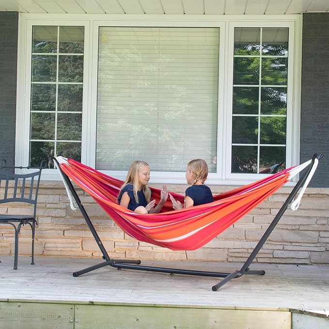 Vivere Double Cotton Hammock with Space Saving Steel Stand, Upgraded Polyester End Strings 450 lb Capacity - Premium Carry Bag Included - USA Grown Cotton (Mimosa)