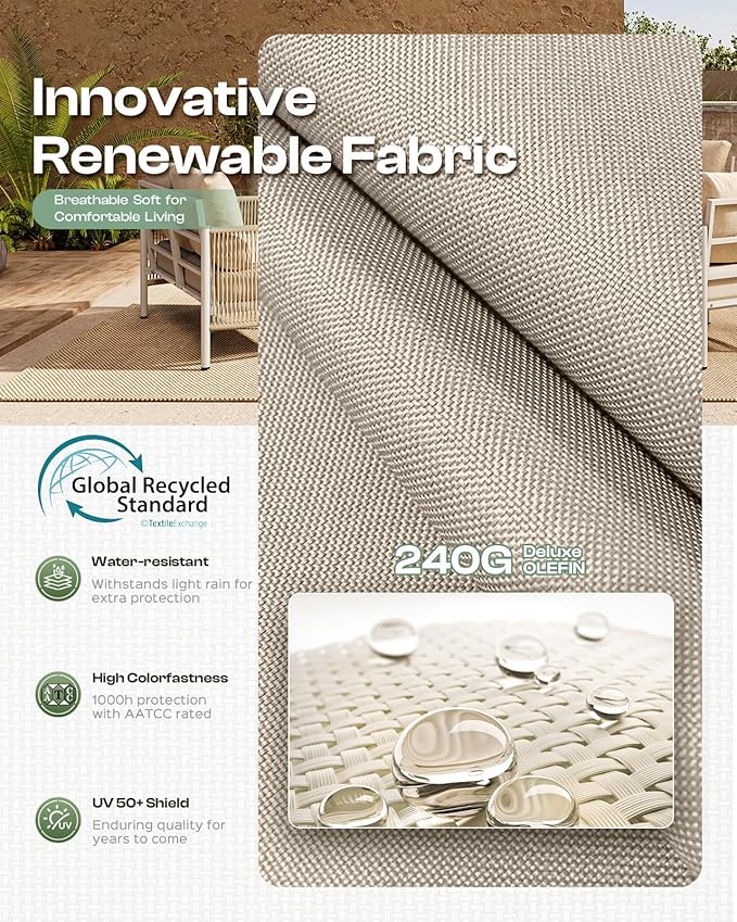 Aluminum Outdoor Patio Couch, 3 Seats HDPE Rope Patio Sofa with Washable Thick Cushion, All-Weather Patio Furniture for Balcony, Yard, White Frame, Ivory