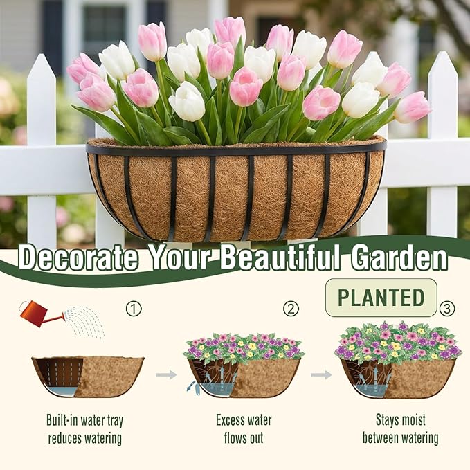 4 Pcs 24 Inch Trough Coco Liner for Window Box, 100% Natural Half Moon Coconut Coir Planter, Replaceable Coconut Fiber Liner for Window Boxes & Fence Flower Baskets (4, 24 inch)