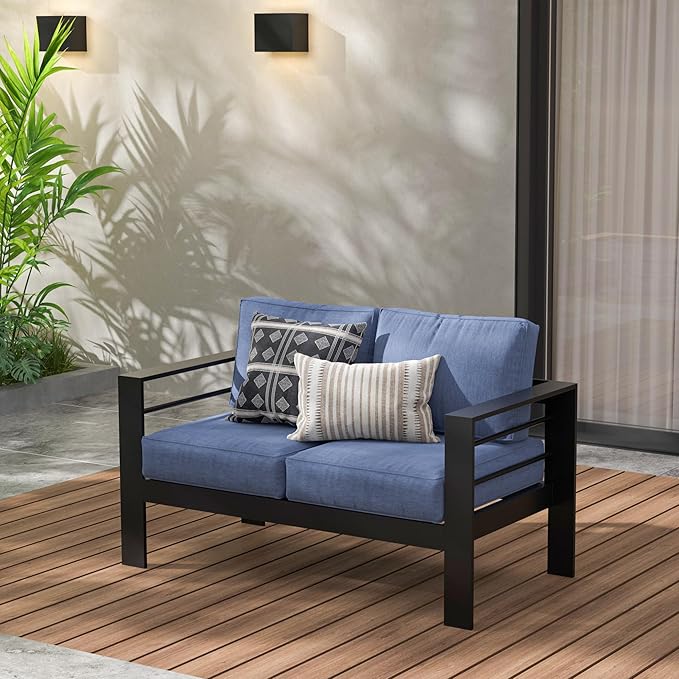 Wisteria Lane Patio Furniture Aluminum Loveseat, All-Weather Outdoor 2 Seats Sofa Couch, Black Metal Chair with Blue Cushions