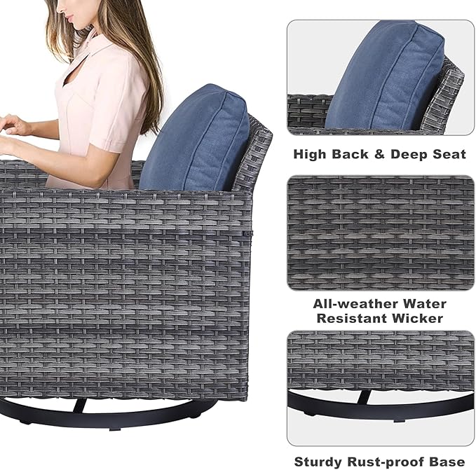 Belord Patio Conversation Set with Swivel Glider Chairs - 9 Piece Outdoor Sectional Furniture Set with Storage Box and Metal Top Table Gray Wicker/Blue Cushions