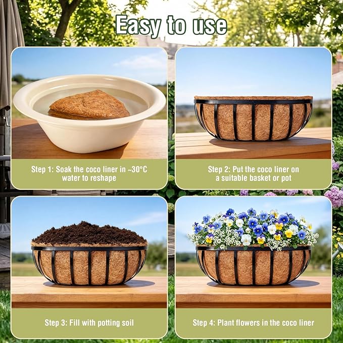 2 Pcs 30 Inch Trough Coco Liner for Window Box, 100% Natural Half Moon Coconut Coir Planter, Replaceable Coconut Fiber Liner for Window Boxes & Fence Flower Baskets (2, 30 inch)