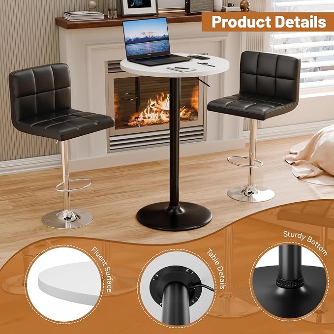 Flamaker Round Bistro Pub Table 23.6 Inch Height Adjustable 360° Swivel Bar Table Metal Base for Pub, Dining Room, Party (4, White-Black)