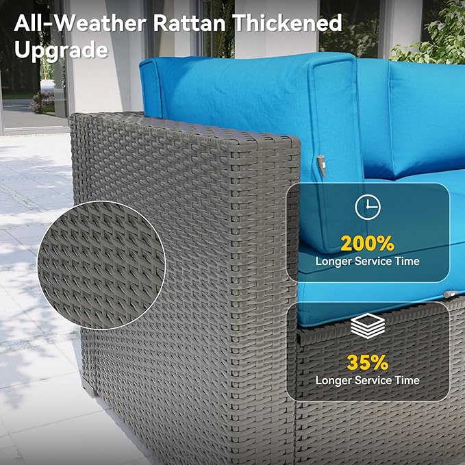 Aoxun Patio Furniture Set, 11 Piece Outdoor Sectional Sofas with Waterproof Cover, 10 Seats Wicker Rattan Outdoor Furniture Patio Conversation Set for Backyard, Garden Peacock Blue