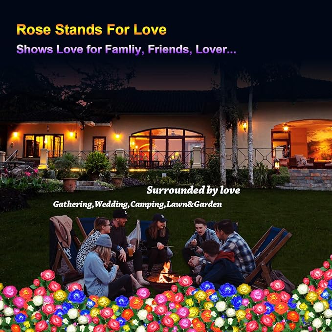Solar Flower Lights Outdoor - Upgraded New Material Two Modes Realistic LED Solar Powered Waterproof Lights with 5 Roses, Solar Decorative Stake Lights for Garden (Yellow, 2 Pack)