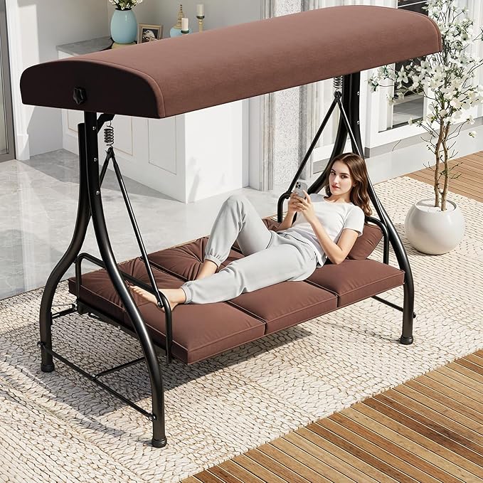 U-MAX Porch Swing Chair with Adjustable Backrest&Canopy, 3 Seat Patio Swing with Canopy 2-in-1 Convertible Outdoor Swing with Canopy Patio Daybed with Removable Brown Cushions for Adults