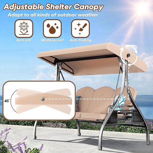 3 Seat Outdoor Porch Patio Swing with Stand 800lbs 2-in-1 Convertible Swing Bed with Adjustable Canopy & Removable Cushion for Yard Garden Deck (Khaki, Round Tube)