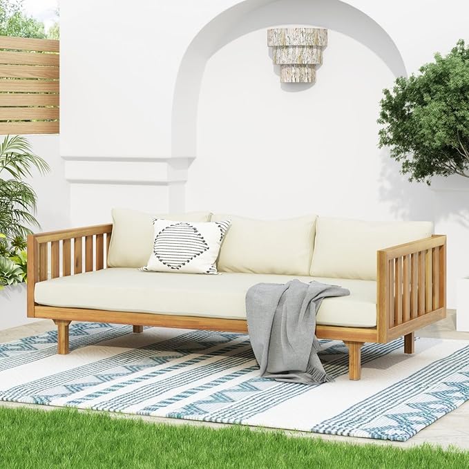 Merax Solid Acacia Wood Couch Chaise Lounge Chair Indoor, 3 Seater Daybed Sofa Couches with Cushions & Pillow, Heavy Frame Day Bed for Living Room, Office, Outdoor, Balcony, Patio, Water Resistant
