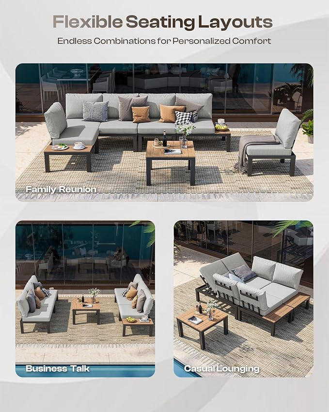 Aluminum Outdoor Patio Sofa Set, 2 Seats Modular Sectional Sofa with Side Table, Thick & Removable Cushions, All-Weather Outdoor Conversation Sets for Garden & Yard, Gray
