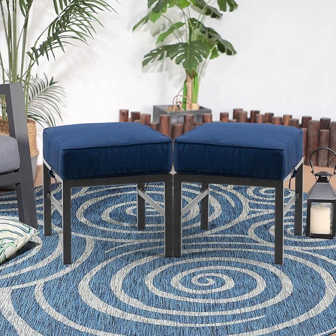 2 Pieces Outdoor Ottomans for Patio, Assembled Patio Ottomans with Bule Cushions, Metal Small Outdoor Footrest for Patio Porch Yard Garden Deck, Gray Frame