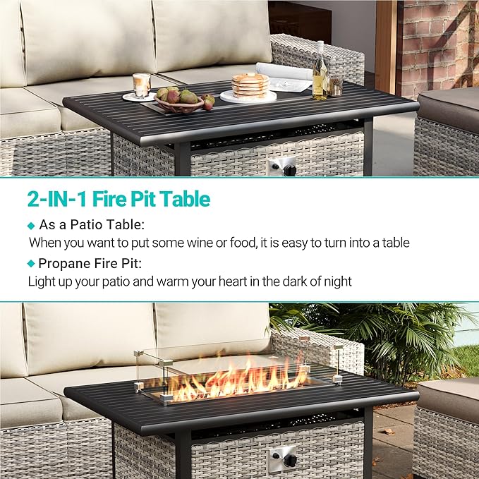 13-Piece Outdoor Patio Furniture Set with Rocking Swivel Chair, PE Wicker Rattan Sectional Sofa Patio Conversation Set with 55,000 BTU Fire Pit Table & Coffee Table, White