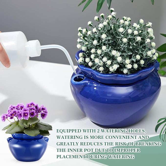 4 Sets African Violet Pots 6 Inch Self Watering Pot for Indoor Ceramic Self Watering Planter for Flower Lovers Ideal Plant Pot Thriving Flower Maintenance