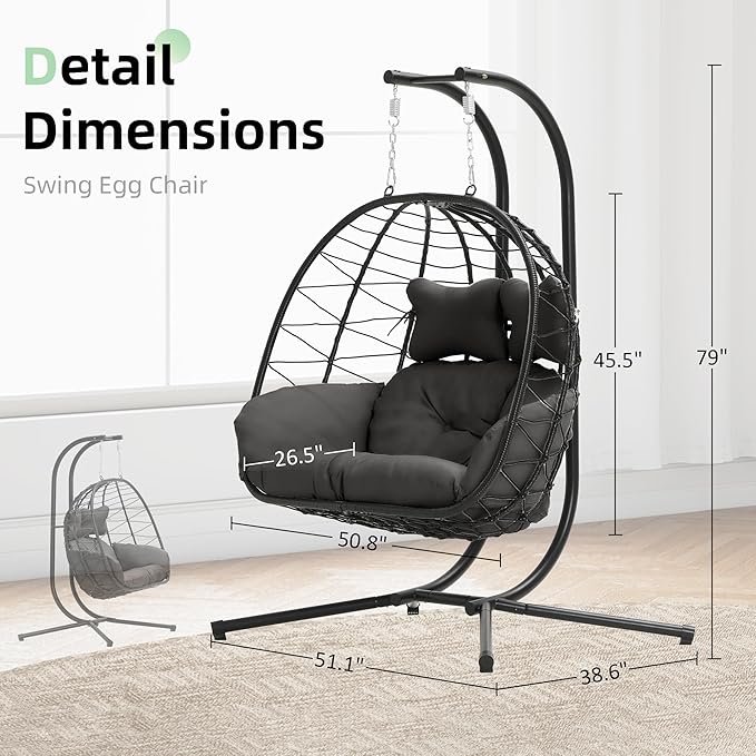 Double Egg Chair with Stand Hammock Swing Chair Foldable Hanging Loveseat, UV Resistant Removable Cushions, 700LBS Capacity for Bedroom, Balcony, Garden(BK-GR)