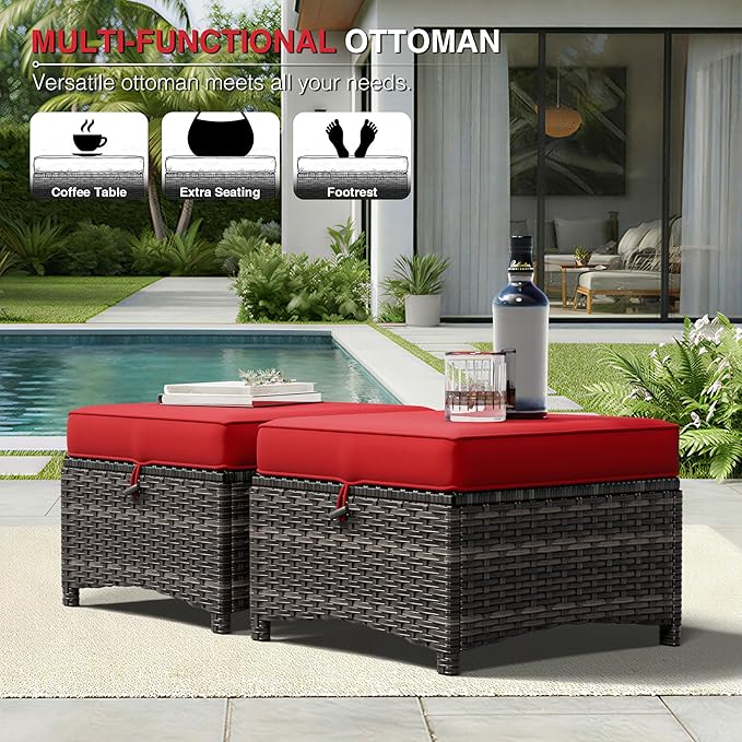 Joyside Outdoor Ottoman Set of 2, Patio Large Ottoman Foot Rest with Thickened Cushions, Outdoor Wicker Foot Stool for Porch, Deck Use