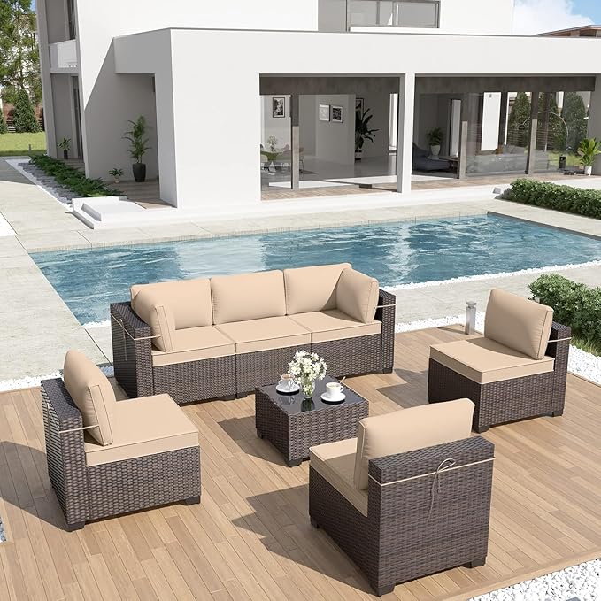 ALAULM Patio Furniture Set with Coffee Table, 7 Pieces Outdoor Sectional with Wide Seat and Thick Cushion, All Weather Wicker Rattan Conversation Set for Backyard, Garden, Deck, Sand
