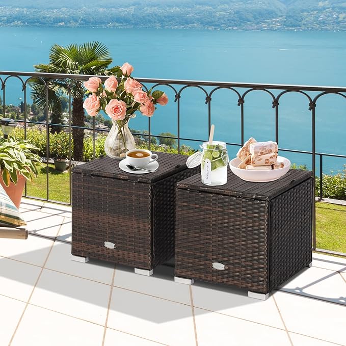 Tangkula 2 Pieces Patio Ottomans, Patiojoy Hand-Woven PE Rattan Side Table with Removable Cushion & Hidden Storage Space, Multifunctional Storage Box, Seat for Patio, Backyard, Poolside (Navy)