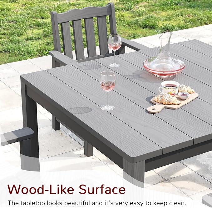 Stoog All-Weather Patio Dining Table for 4, HIPS & Aluminum Frame Outdoor Dining Table with Umbrella Hole, for Garden, Backyard and Lawn, Grey