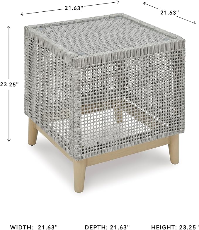 Signature Design by Ashley Seton Creek Contemporary Chic Outdoor All-Weather Resin Wicker End Table with Tempered Glass Tabletop, Gray & Light Brown
