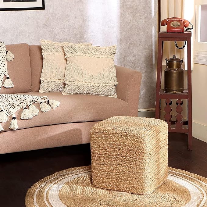 REDEARTH · Cube Pouf Foot Stool Ottoman - Jute Braided Pouffe Poof Accent Sitting - Set of 2 Footrest for The Living Room, Bedroom, Nursery, Patio, Lounge, Office - 14.5”X14.5”X16” - Natural