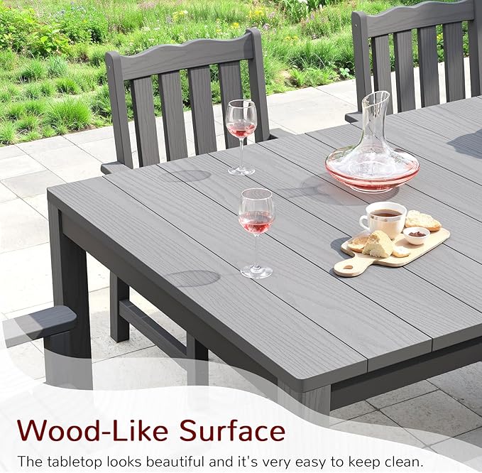Stoog All-Weather Patio Dining Sets, 7 Pieces Patio Dining Table with Umbrella Hole, Waterproof Aluminum Frame Dining Table with 6 Outdoor Chairs Set, Low Maintenance, Grey