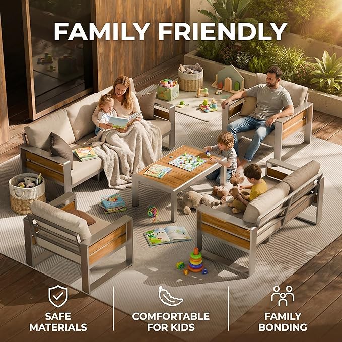 ZANDOR Outdoor Patio Conversation Sets, 4-Piece Aluminum Metal Outside Sectional Lawn Furniture with Coffee Table & Washable Thick Cushions,Seating Sofa for Garden/Backyard/Porch, Silver