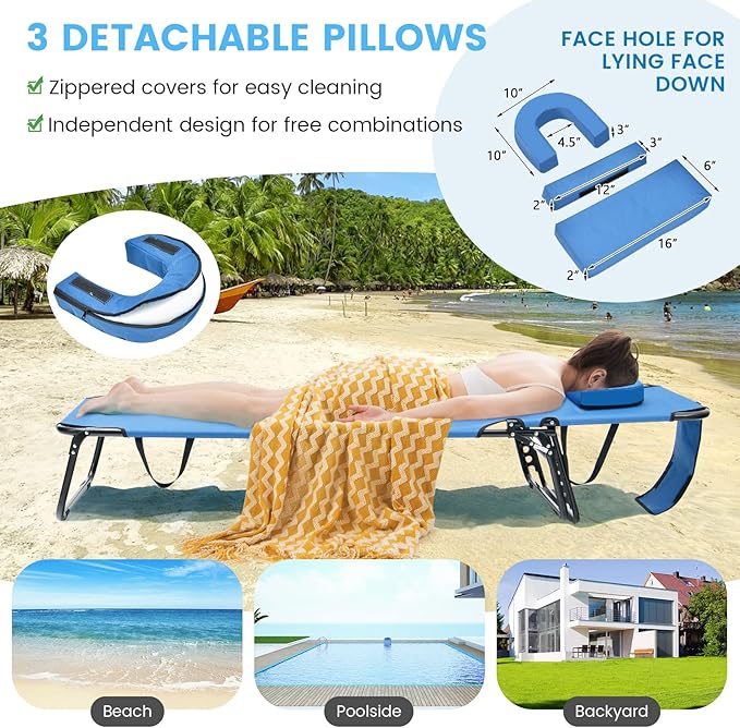 GYMAX Tanning Chair, 350lbs Beach Lounge Chair with Face Hole, Washable Pillow & Carry Strap, Adjustable Folding Chaise Lounge, Layout Lounger for Outside, Patio, Poolside, Lawn (1, Blue)