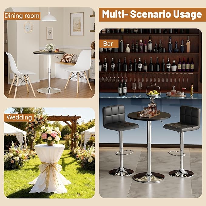 Flamaker Round Bistro Pub Table 23.6 Inch Height Adjustable 360° Swivel Bar Table Metal Base for Pub, Dining Room, Party (1, Black-Silver)
