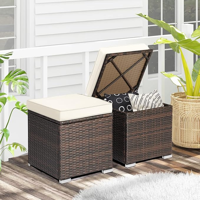 RELAX4LIFE Wicker Outdoor Storage Ottoman, 2-Piece Rattan Footstool w/Removable Cushion, Multipurpose Footrest Stool Side Table Additional Seating, Set of 2 Outdoor Ottomans for Patio Deck (Off White)