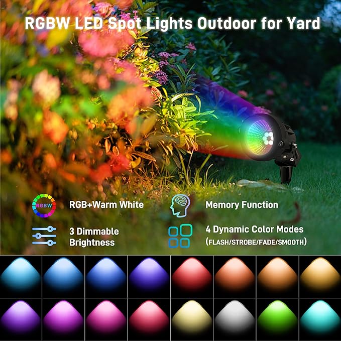 Christmas Landscape Lights 12W RGBW Outdoor Spot Lights for Yard, Low Voltage LED Landscape Spotlight with Remote Control, IP65 Waterproof Yard Spotlgiht for Lawn, Garden, 6 Pack