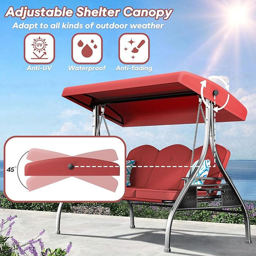 3 Seat Outdoor Porch Patio Swing with Stand 800lbs 2-in-1 Convertible Swing Bed with Adjustable Canopy & Removable Cushion for Yard Garden Deck (Wine Red, Square Tube)