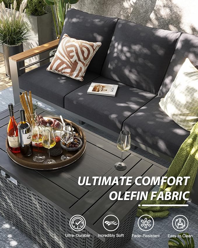 Aoxun Aluminum Outdoor Patio Furniture Set, 7 Seats Outdoor Sectional with Fire Pit Table, Patio Conversation Sets with Upgraded Armrests and Cushions for Backyard, Garden and Poolside（Dark Grey）