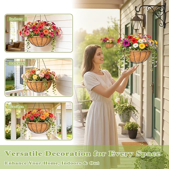 4 Pack 8 Inch Hanging Baskets for Plants Outdoor Metal Hanging Planter Hanging Flower Baskets with Coco Fiber Liners Chain Round Wire Plant Holder Hanging Flower Pots(Watermelon)