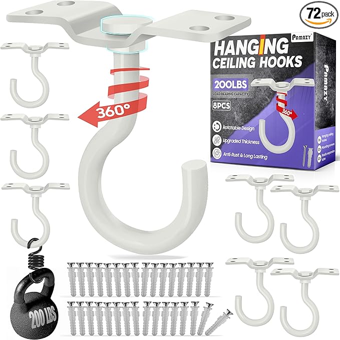 [UPGRADED] 200LBS 8Pcs Rotatable Ceiling Hooks with 4 Screw Points Plate Base, White Wall Mount Metal Hanger for Hanging Plants, Bird Feeders, Lanterns, Lights, Wind Chimes, Indoor Outdoor Decor