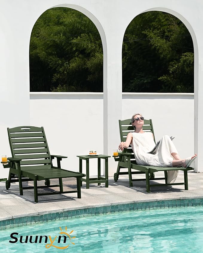 Lounge Chair Outdoor, Chaise Lounge Outdoor, HDPE 6-Position Lounge Chair for Outside, Patio Lounge Chair with Wheels & Cup Holder for Pool Poolside Deck Backyard, Green