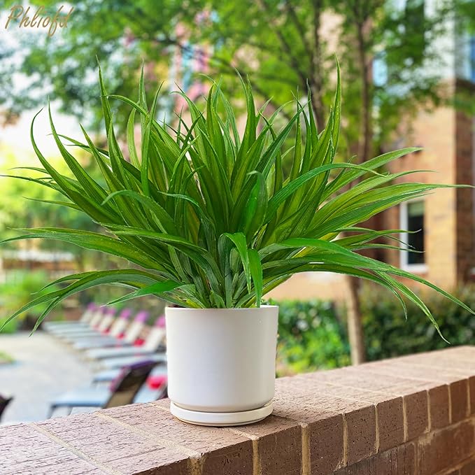 16Pcs Artificial Grass Fake Plants 17.3in 16 Leaves Outdoor Fake Grass UV Resistant Greenery Plastic Plants for Home Window Garden Patio Hanging Planter Pathway Front Porch Décor Green
