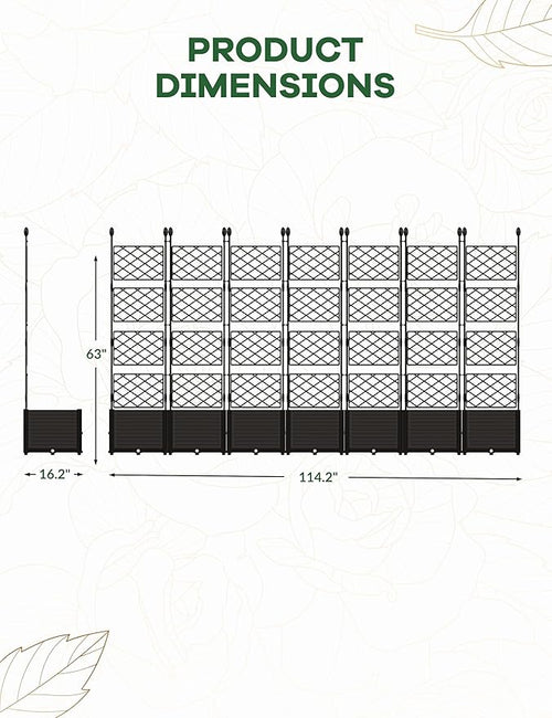 7 PCS Raised Garden Bed with Trellis, 114" LX16 WX63 H Plastic Planter Box for Climbing Plants, Outdoor Vertical Garden with Privacy Screen for Patio, Balcony, Backyard – Sturdy & Lightweight