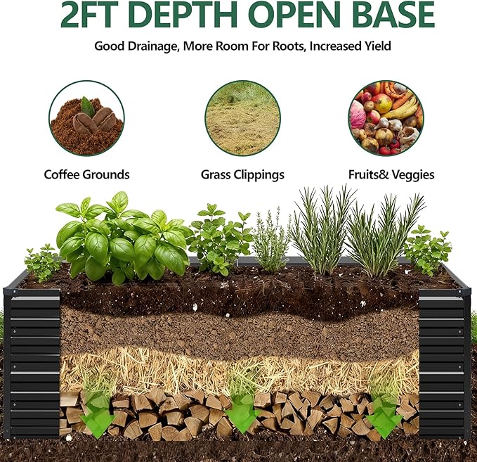Vengarus 12x2x2FT Galvanized Raised Garden Bed Kit, Large Rectangle Elevated Planter for Vegetables, Flowers, Herbs and Succulents - 359 Gallon Capacity,Black
