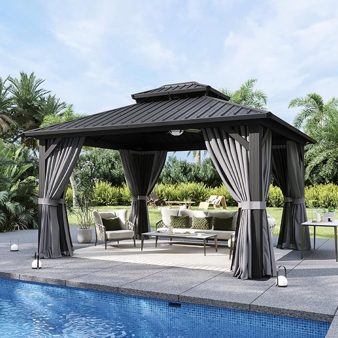 Aoxun 12'x14' Hardtop Gazebo, Aluminum Frame Canopy with Double Galvanized Steel Roof, Outdoor Metal Pavilion with Netting, Curtains for Backyard, Patio and Deck