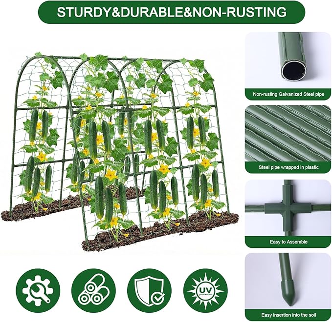 U-Shape Cucumber Trellis for Raised Bed - 47"x47"x22" Metal Garden Trellis with Net & Clips | Rust-Proof Plant Support for Cucumber, Tomato, Peas | Heavy-Duty Outdoor Climbing Plants Trellis