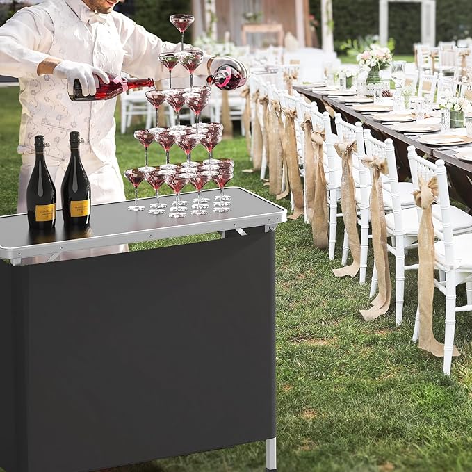 VINGLI Portable Bar Table, 2-Tier Shelves, Mobile Bar Table for Events, Party, Camping, Picnic, Tradeshow, Indoor with Black Skirt, 39 "L x 34" H