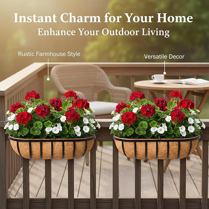 36“ Window Box Railing Planter with Coco Liner Metal Wall-Mounted Coconut Liner Planters Basket English Horse Trough Planter for Outdoor Deck Balcony Porch Fence Patio Black (4 Pack)