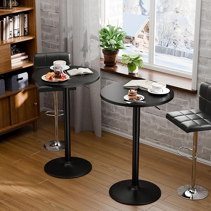Flamaker Round Bistro Pub Table 23.6 Inch Height Adjustable 360° Swivel Bar Table Metal Base for Pub, Dining Room, Party (4, Full Black)