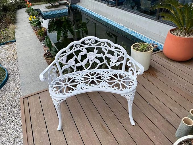 Patio Balcony Bench Double Seat, Anti-Rust Cast Aluminum Patio Garden Bench for Park Yard Outdoor Furniture White.1
