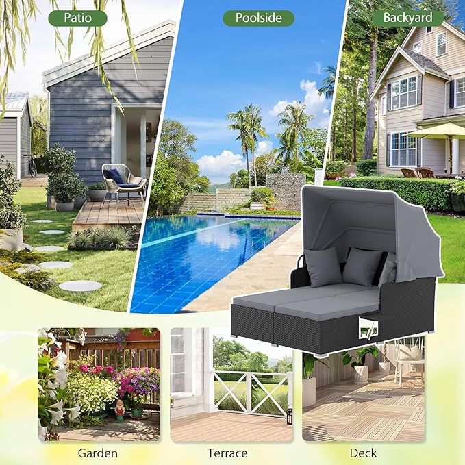 ORALNER Outdoor Daybed, 2-Person Wicker Patio Sofa with Retractable Canopy, Cushions & Pillows, 2 Side Trays, PE Rattan Double Sunbed Lounger for Deck Poolside Backyard Garden Balcony (Gray)