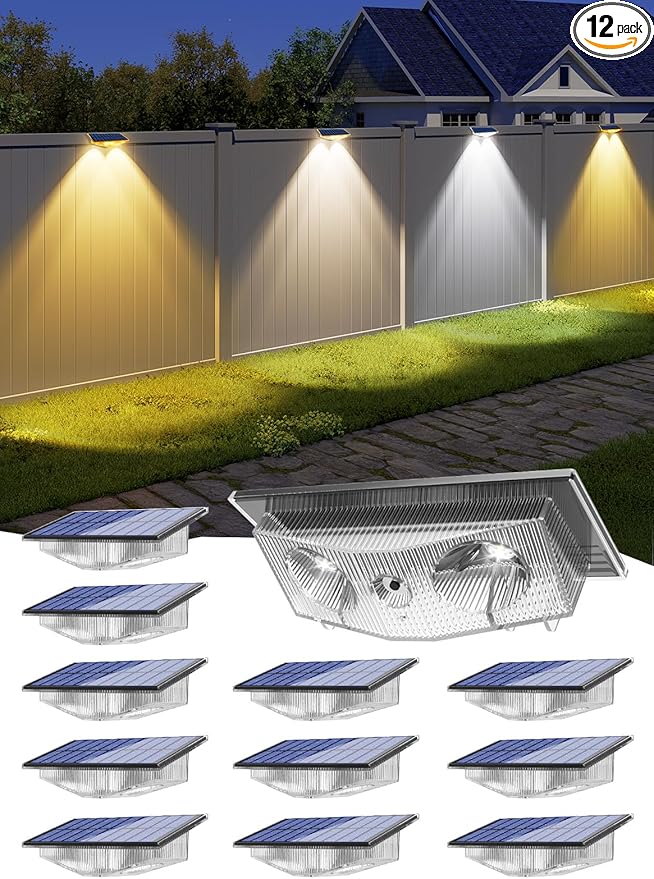 Solar Fence Lights Outdoor - 3000K/4000K/6000K 3 Color Modes, IP65 Waterproof Fence Lights Solar Powered Outdoor, Solar Powered Wall Light for Outside Porch Step Wall Stair Patio Yard (12 Pack)